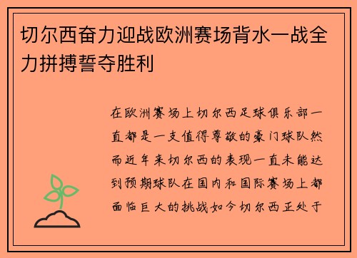 切尔西奋力迎战欧洲赛场背水一战全力拼搏誓夺胜利