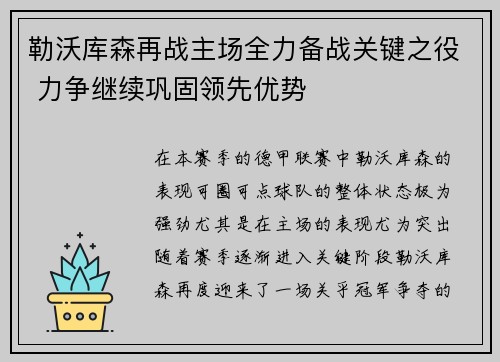 勒沃库森再战主场全力备战关键之役 力争继续巩固领先优势