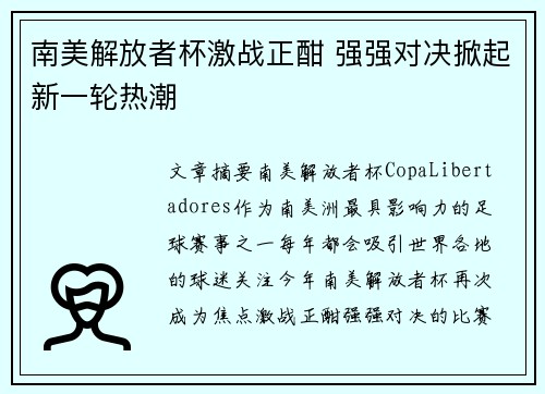 南美解放者杯激战正酣 强强对决掀起新一轮热潮