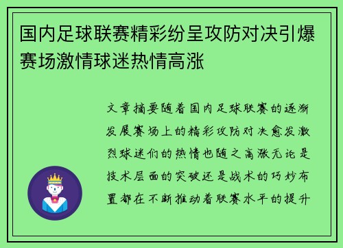 国内足球联赛精彩纷呈攻防对决引爆赛场激情球迷热情高涨
