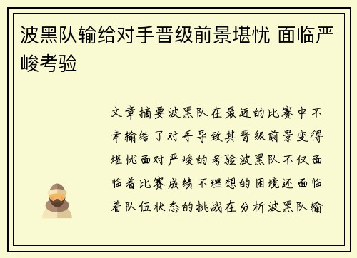 波黑队输给对手晋级前景堪忧 面临严峻考验