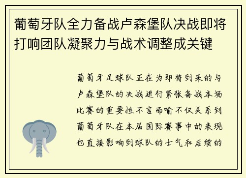 葡萄牙队全力备战卢森堡队决战即将打响团队凝聚力与战术调整成关键