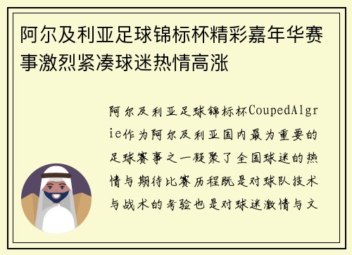 阿尔及利亚足球锦标杯精彩嘉年华赛事激烈紧凑球迷热情高涨